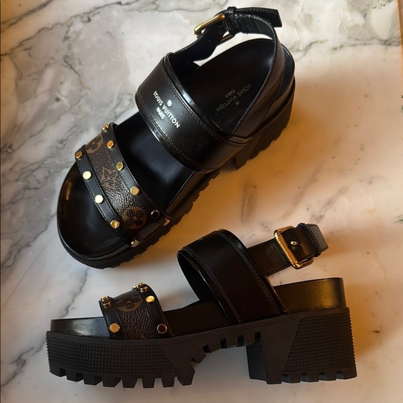 Louis Vuitton Black Sandals with Gold Accents - Picture 2 of 7